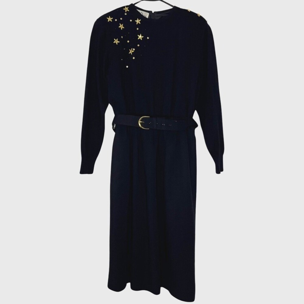 Vintage Ciao Womens Holiday Dress 10 Black Wool Gold Beaded Stars Belted Midi
